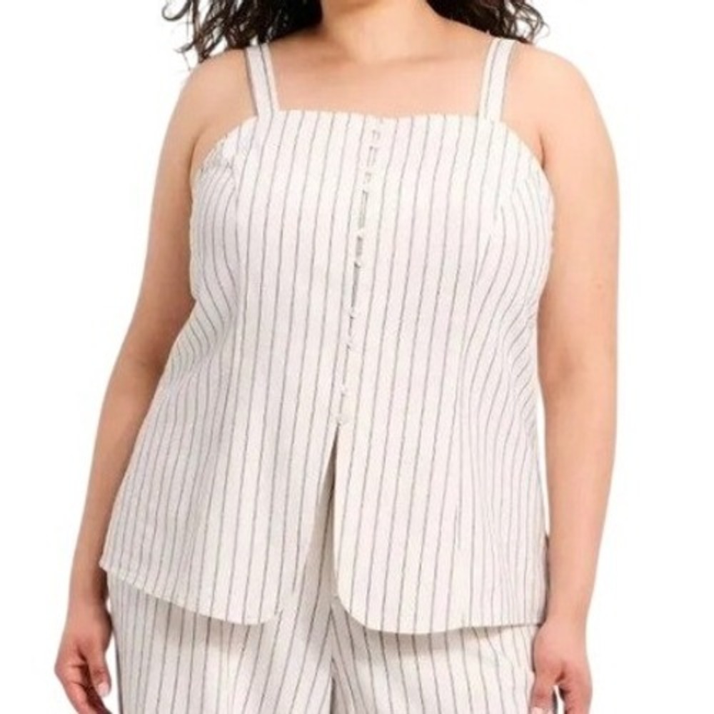 A New Day Tank Top Womens L Cream Black Pinstripe Button Front Square Neck